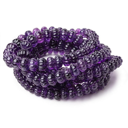8-13.5mm Amethyst Hand Carved Melon Rondelles 18 inch 69 Beads AA