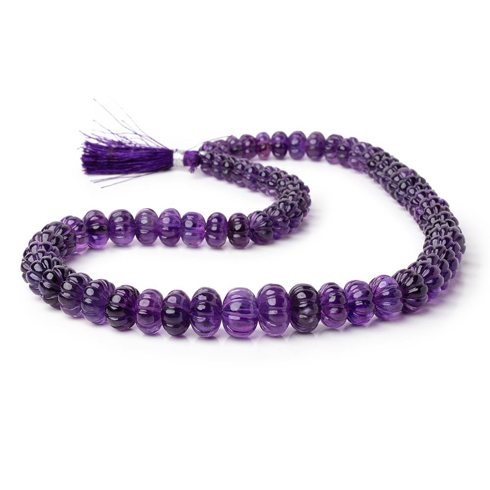 8-13.5mm Amethyst Hand Carved Melon Rondelles 18 inch 69 Beads AA