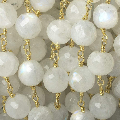 8-8.5mm Rainbow Moonstone faceted round Gold Chain by the foot 22 pieces