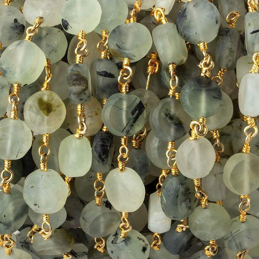 8-9mm Matte Dendritic Prehnite plain coin Gold plated Chain by the foot