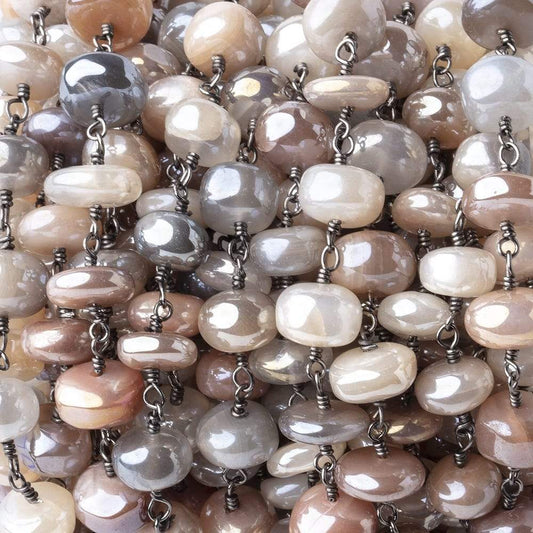 8-9mm Mystic Multi Moonstone Plain Rondelle Black Gold Plated Chain by the Foot