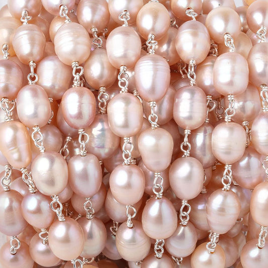 8-9mm Peachy Pink Baroque Pearls on .925 Silver Chain