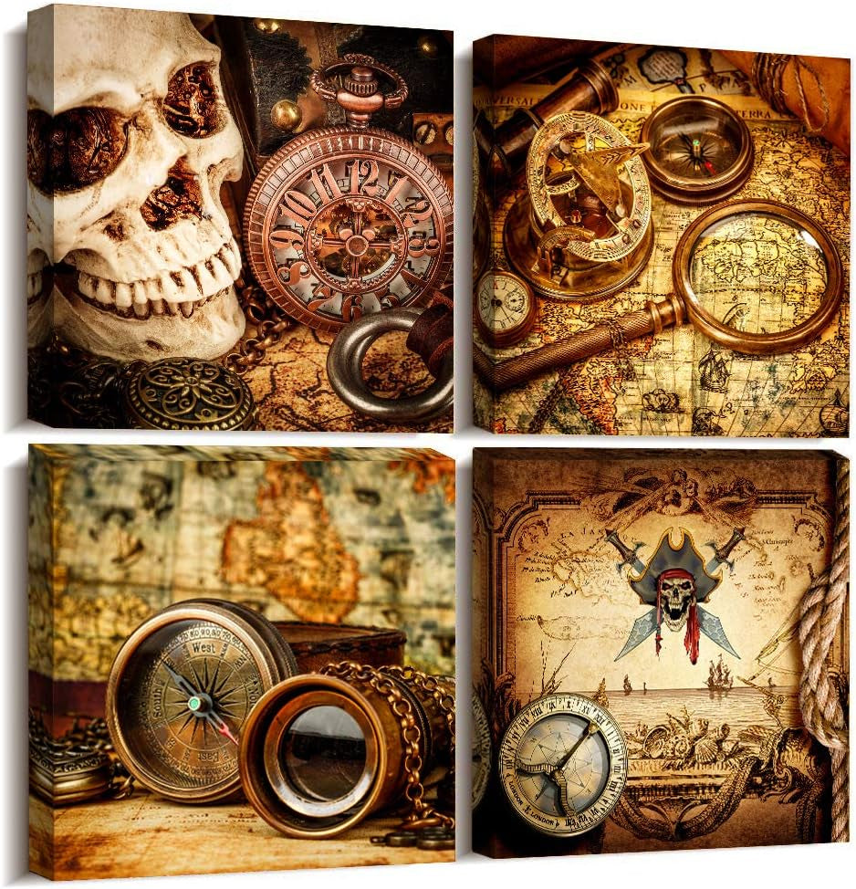 Nautical Elegance: Pirate Ship Compass Wall Art - 4 Piece Framed Watercolor Canvas Prints for Home, Office & Bathroom Decor