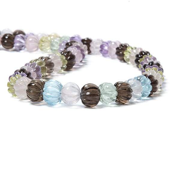 8.5-10.5mm Multi Gemstone Carved Melon Rondelles 16 inch 63 Beads
