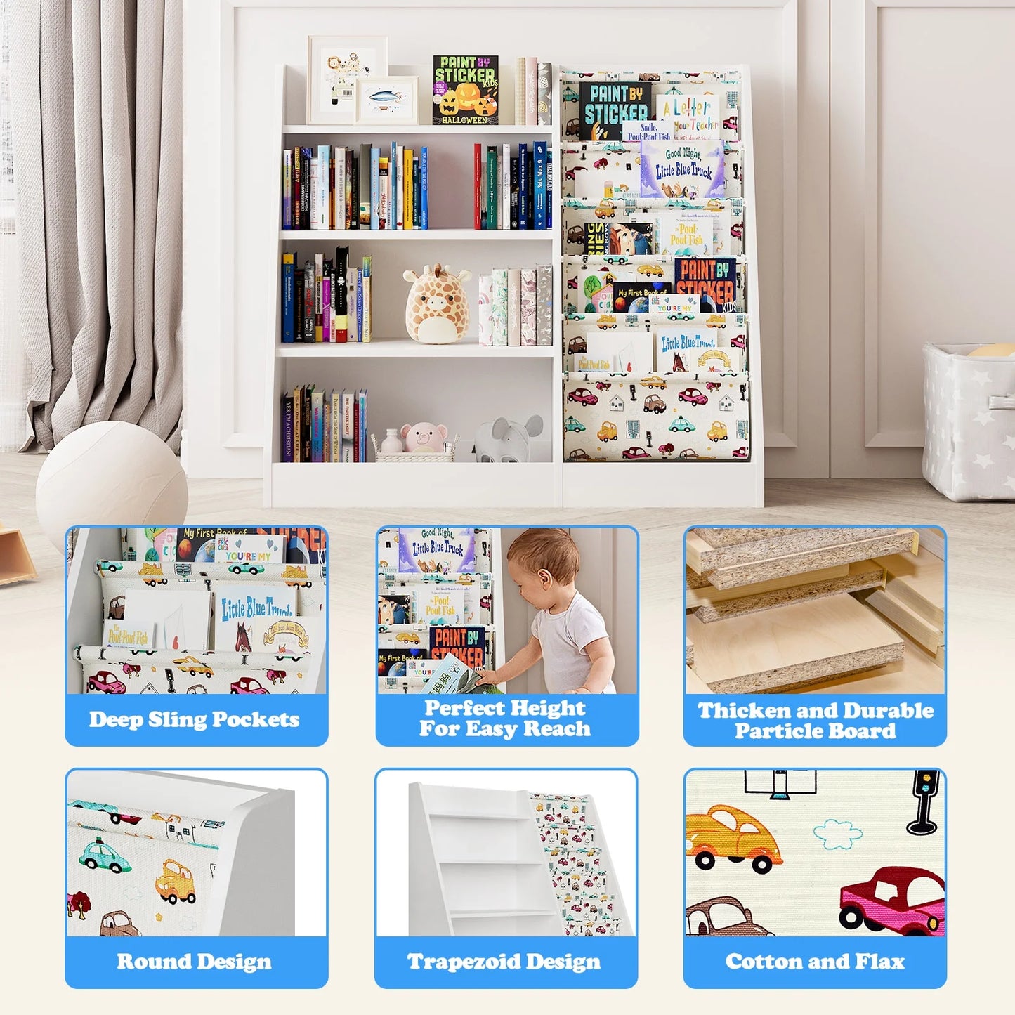 Wooden 4 Tier Sling Storage Children'S Bookshelf for Kids Room Living Room