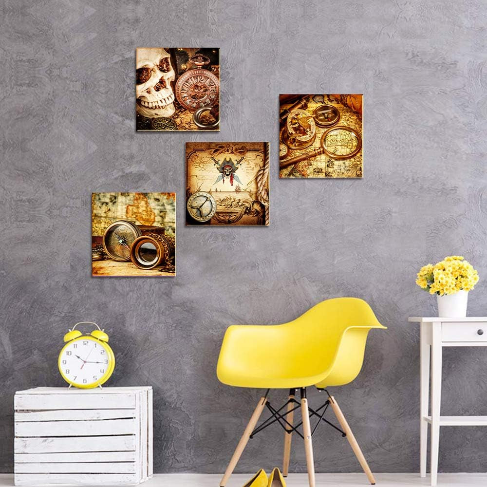 Nautical Elegance: Pirate Ship Compass Wall Art - 4 Piece Framed Watercolor Canvas Prints for Home, Office & Bathroom Decor