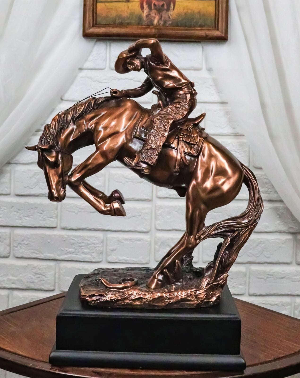 Rustic Western Rodeo Cowboy on a Rearing Horse Bronzed Resin Statue