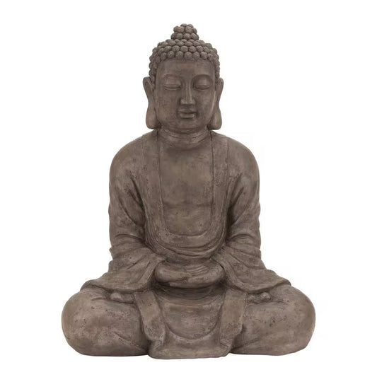 Brown Polystone Meditating Buddha Sculpture with Engraved Carvings and Relief Detailing