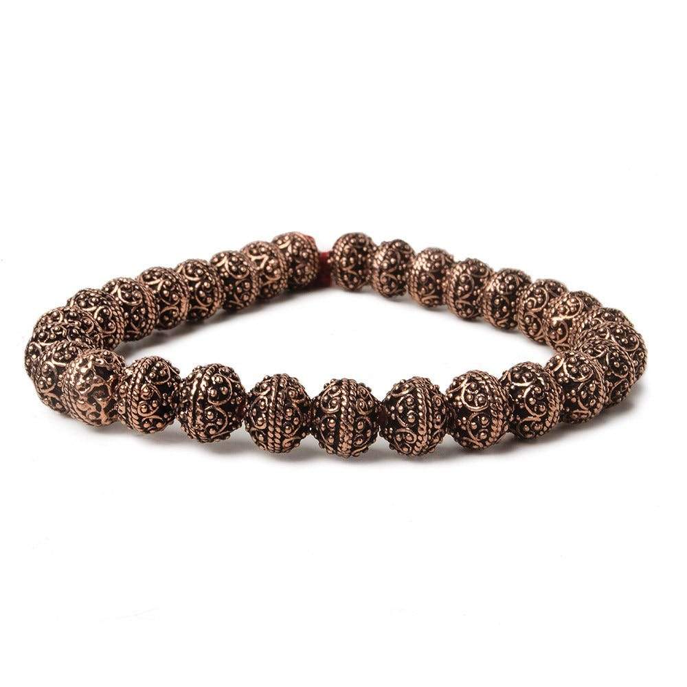 8mm Antiqued Copper Bead Round Miligrain Persian Design 8 inch 28 pcs