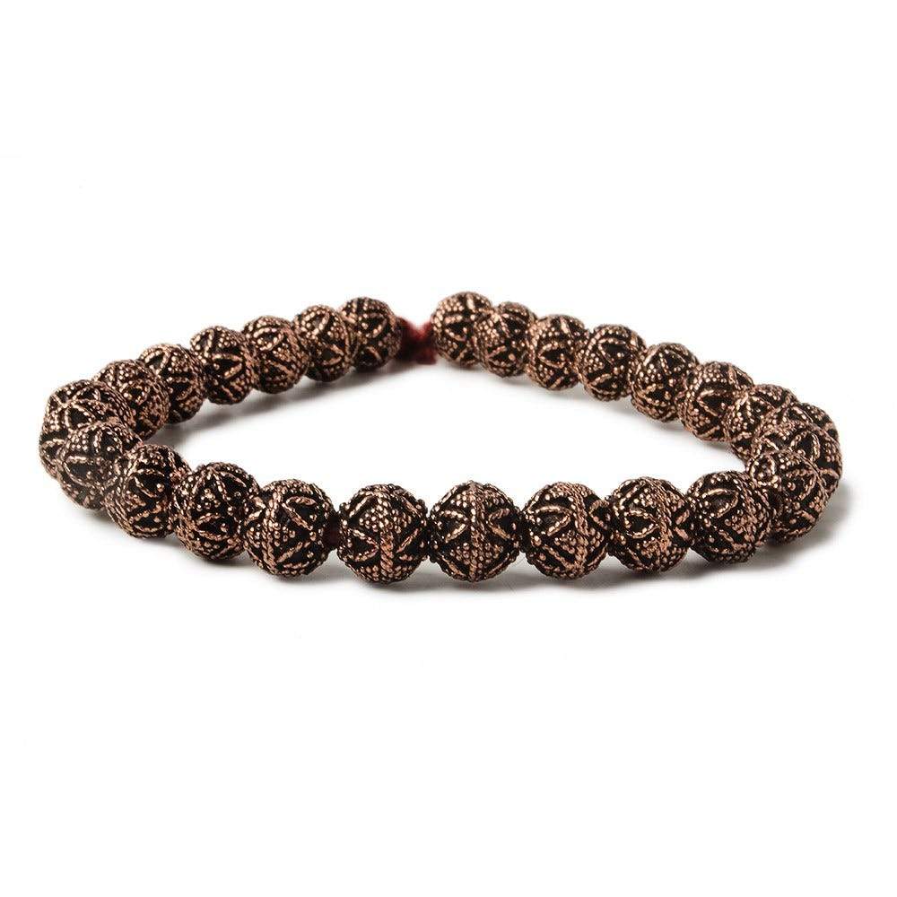 8mm Antiqued Copper Bead Round Miligrain Triangle Design 8 inch 28 pcs