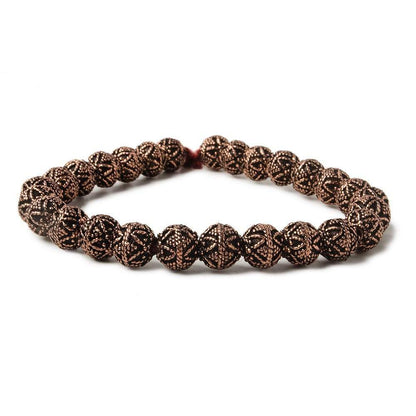 8mm Antiqued Copper Bead Round Miligrain Triangle Design 8 inch 28 pcs