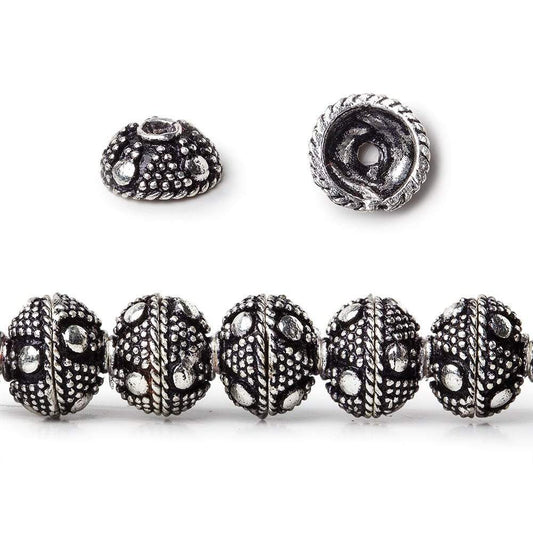 8mm Antiqued Silver plated Bead Cap Miligrain Triangle and Dot 8 inch 58 beads