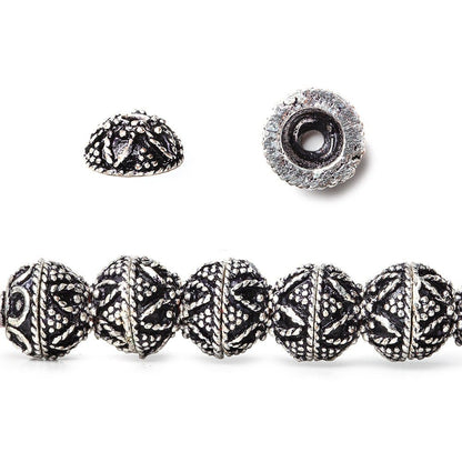 8mm Antiqued Sterling Silver plated Bead Cap Miligrain Triangle and Heart Design 8 inch 54 beads