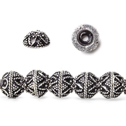 8mm Antiqued Sterling Silver plated Bead Cap Miligrain Triangle and Heart Design 8 inch 54 beads