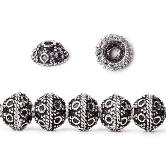 8mm Antiqued Sterling Silver plated Bead Cap Persian Design 8 inch 58 beads