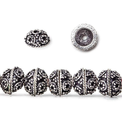 8mm Antiqued Sterling Silver plated Bead Cap Round & Miligrain Circle Design 8 inch 54 beads