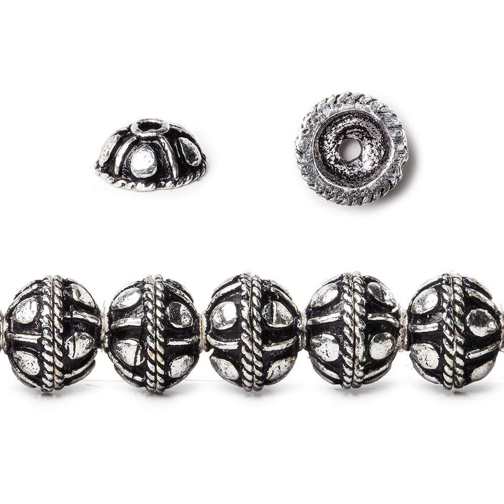 8mm Antiqued Sterling Silver plated Bead Cap Roval Pear Design 8 inch 58 beads