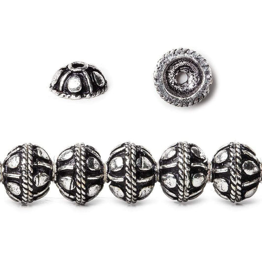 8mm Antiqued Sterling Silver plated Bead Cap Roval Pear Design 8 inch 58 beads