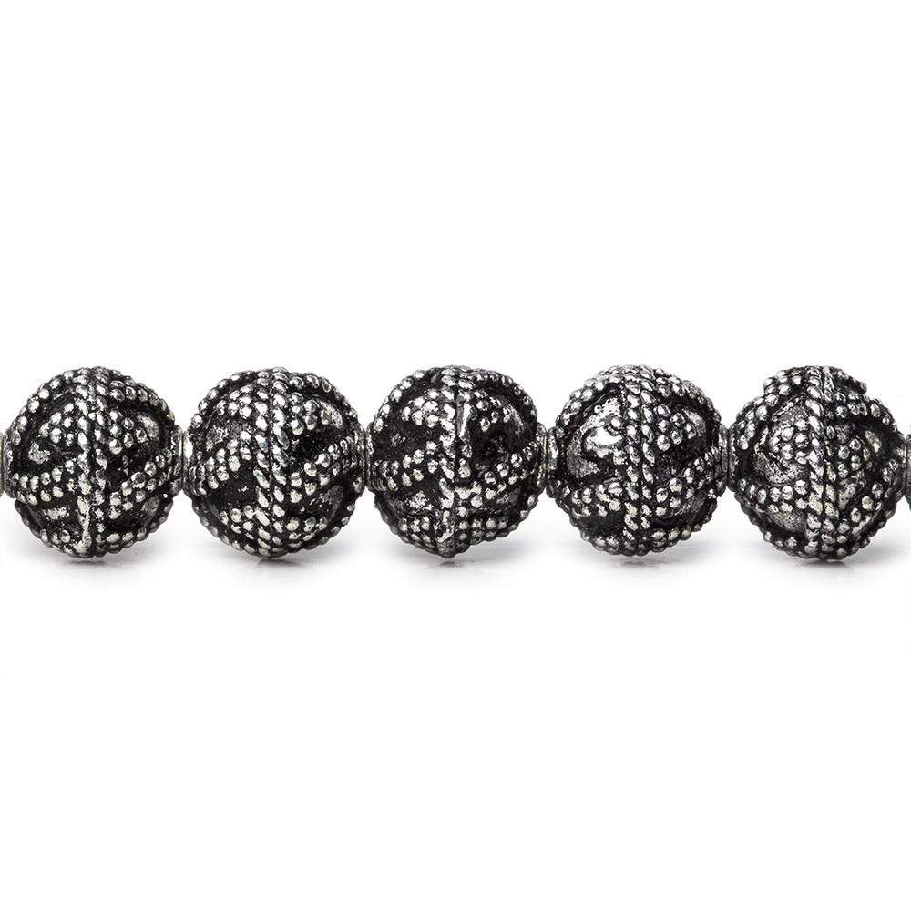 8mm Antiqued Sterling Silver Plated Copper Bead Round, Miligrain Triangles & Swirl 8 inch 28 pieces