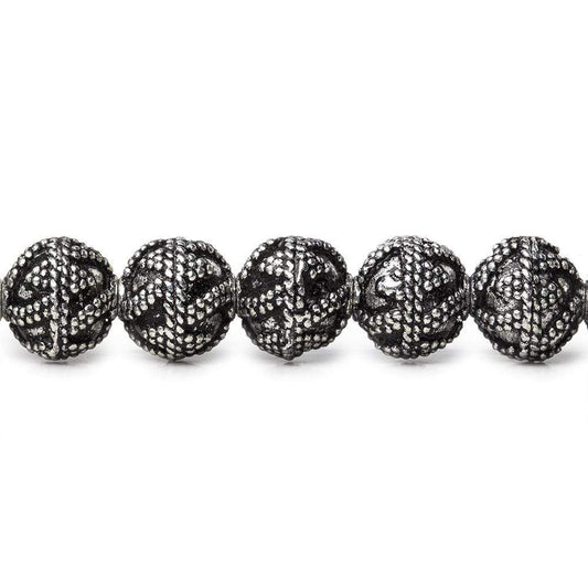 8mm Antiqued Sterling Silver Plated Copper Bead Round, Miligrain Triangles & Swirl 8 inch 28 pieces