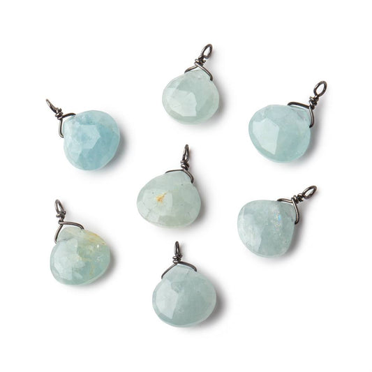 8mm Black Gold Wire Wrapped Aquamarine Faceted Heart 1 Focal Pendant