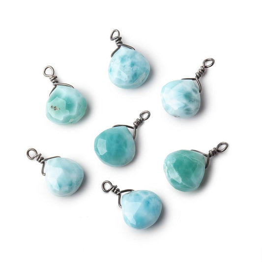 8mm Black Gold Wire Wrapped Larimar Faceted Heart 1 Focal Pendant