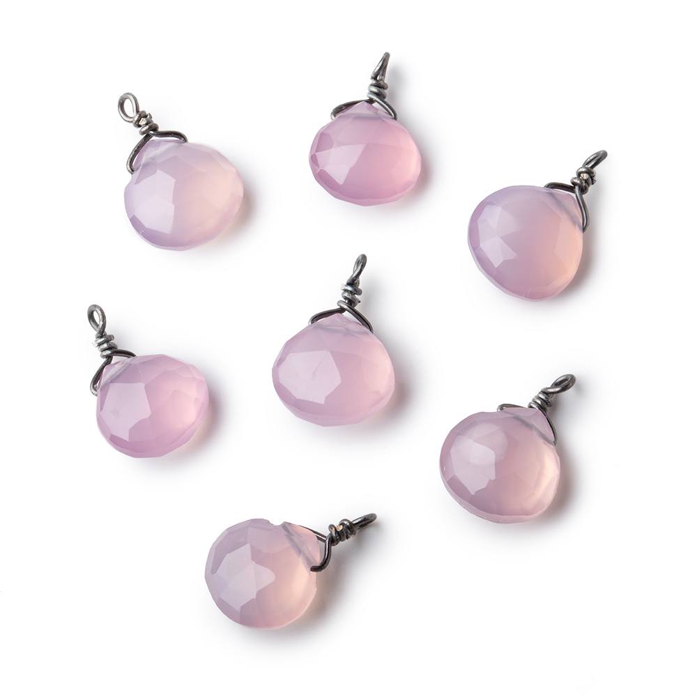 8mm Black Gold Wire Wrapped Rose Pink Chalcedony Faceted Heart 1 Focal Pendant