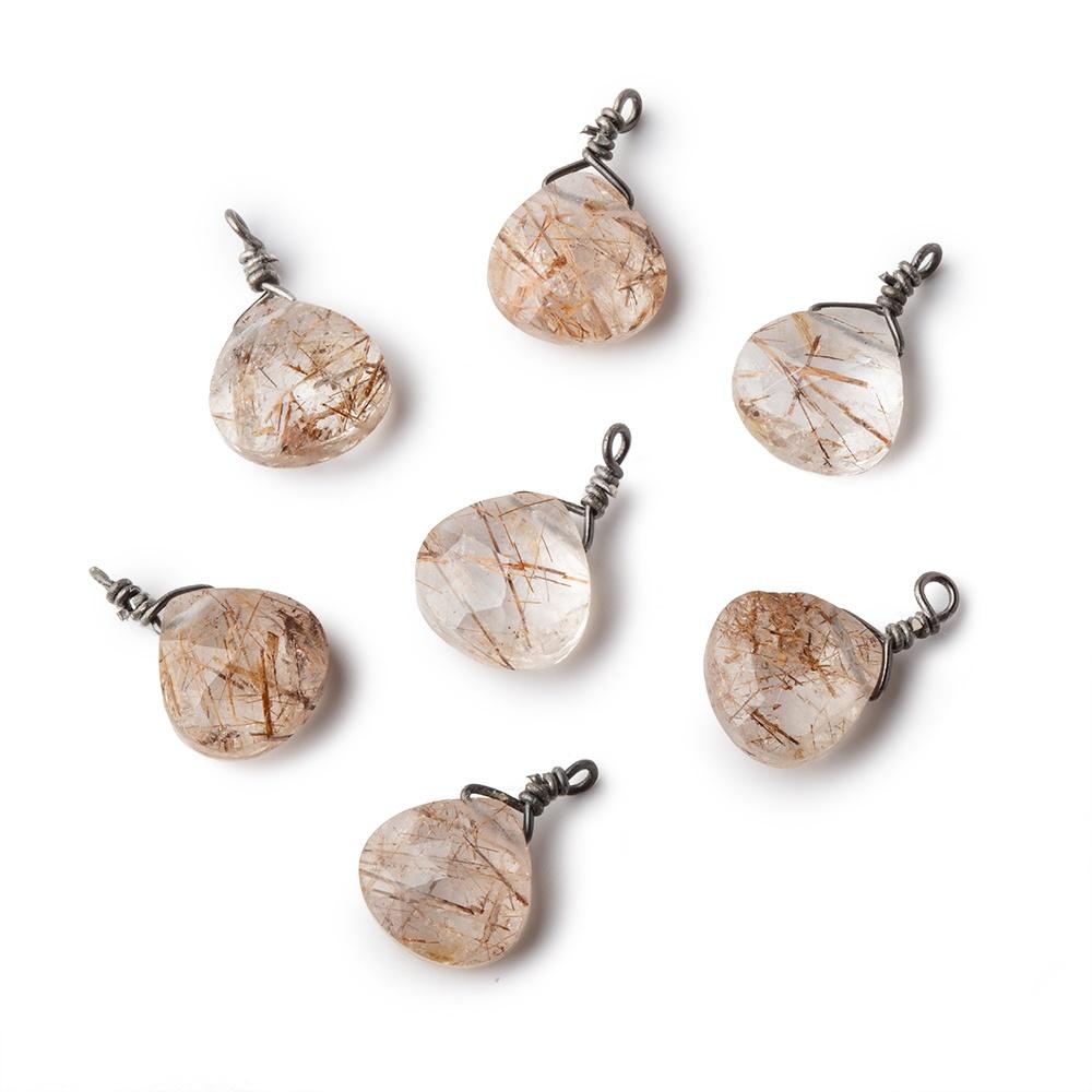 8mm Black Gold Wire Wrapped Rutilated Quartz Faceted Heart 1 Focal Pendant