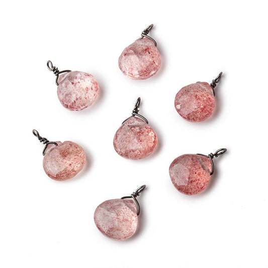 8mm Black Gold Wire Wrapped Strawberry Quartz Faceted Heart 1 Focal Pendant