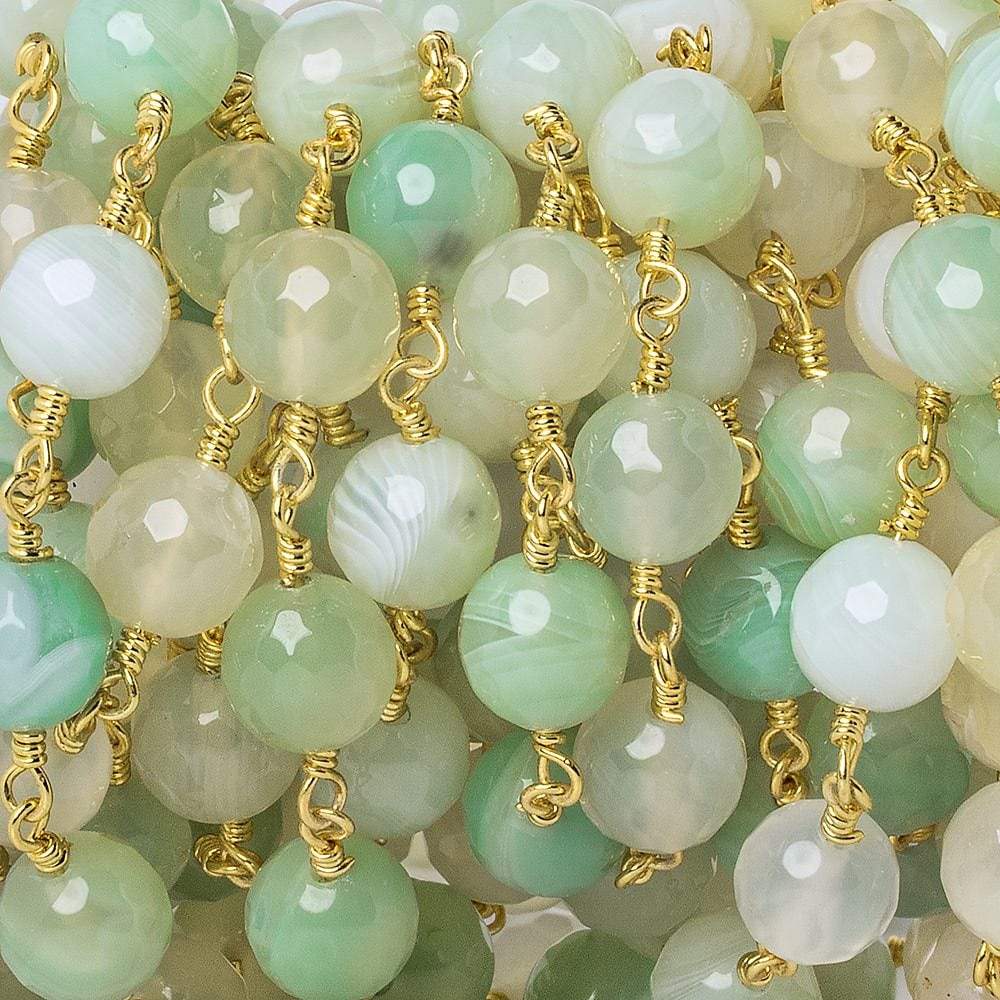 8mm Citrus Green Banded Agate plain round Gold Chain by the foot 19 pieces