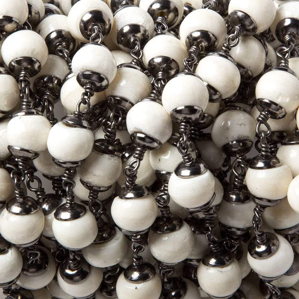 8mm Cream Ox Bone Oxidized .925 Silver Bead Cap and Chain by the foot 19 pieces