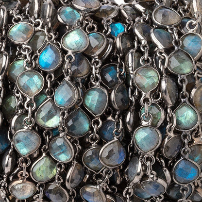8mm Labradorite Faceted Heart Black Gold .925 Bezeled Chain