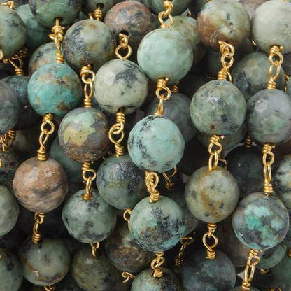 8mm Matte African Turquoise faceted round Gold plated Chain
