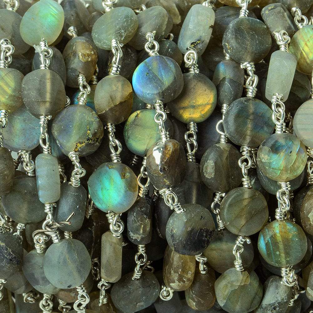 8mm Matte Labradorite plain coin Silver plated Chain by the foot 27 beads per