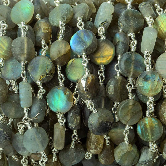 8mm Matte Labradorite plain coin Silver plated Chain by the foot 27 beads per