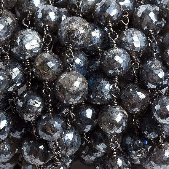 8mm Mystic Labradorite faceted round Black Gold Chain by the foot 20 beads