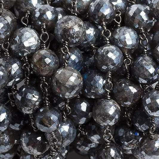 8mm Mystic Labradorite faceted round Black Gold Chain by the foot 20 beads