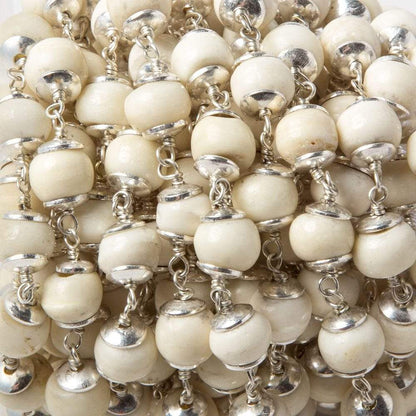8mm Off White Bone rounds Silver plated Cap and Chain by the foot 19 pieces
