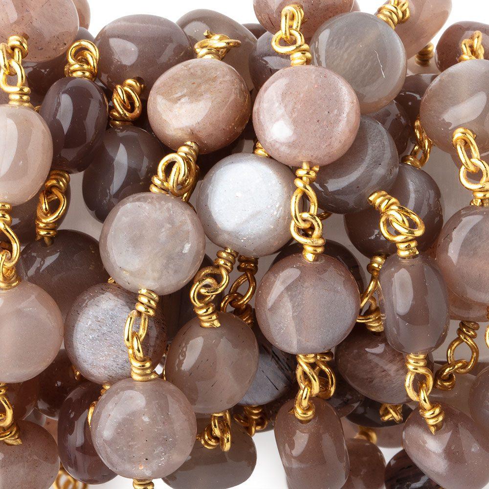 8mm Peach & Chocolate Moonstone puffy coin Vermeil Chain by the foot 23 beads