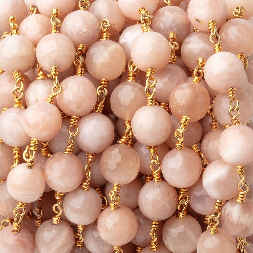 8mm Peach Moonstone Faceted Rounds on Gold Plated Chain