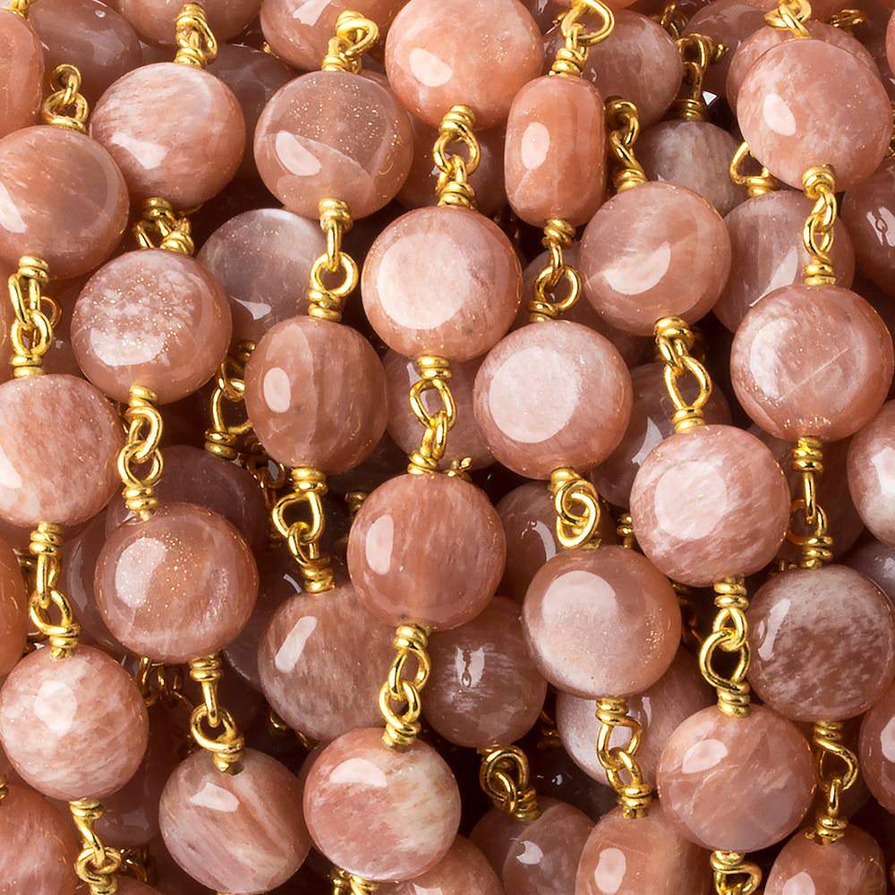 8mm Peach Moonstone puffy coin Vermeil Chain by the foot 23 beads