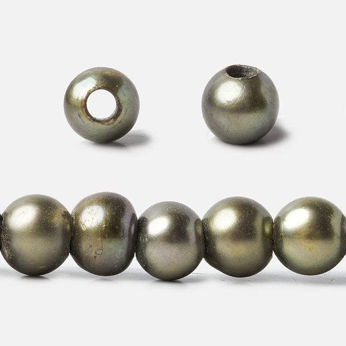 8mm Peacock Green Large Hole Off Round Freshwater Pearl 2.5mm drill hole, 15 inch, 64 pieces
