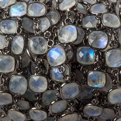 8mm Rainbow Moonstone Pillow Oxidized Silver .925 Bezeled Chain by the foot 20 pcs