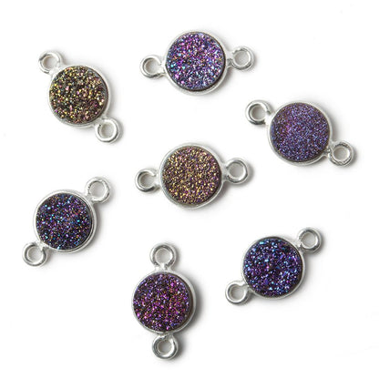 8mm Silver .925 Bezel Mystic Peacock Drusy Coin Connector Set of 4 Pieces