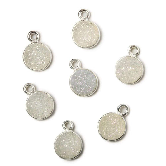 8mm Silver .925 Bezel Mystic Pearl White Drusy Coin Pendant 1 piece