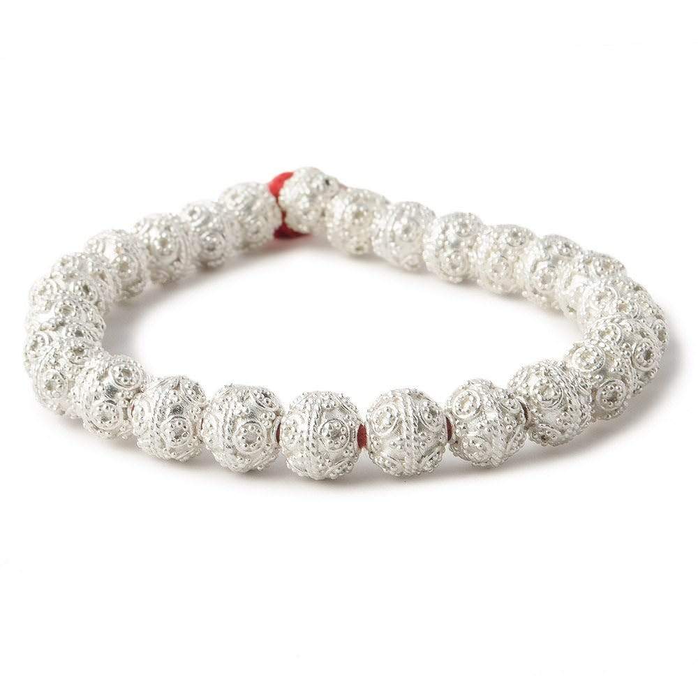 8mm Silver Plated Copper Round Bead Miligrain Circles 8 inch 27 pieces