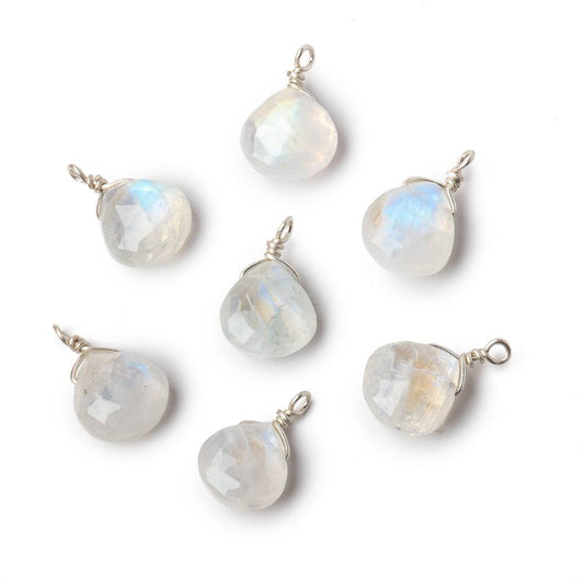 8mm Silver Wire Wrapped Rainbow Moonstone Faceted Heart 1 Focal Pendant