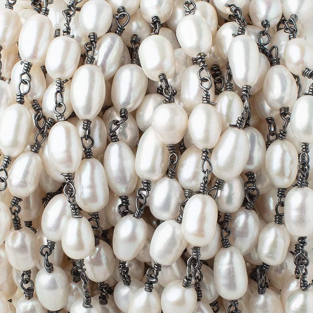 8x6-11x6mm White Oval Pearls on Black Gold .925 Chain by the Foot 18 pieces