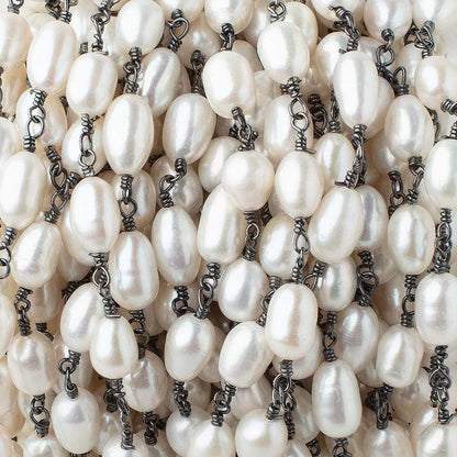 8x6-11x6mm White Oval Pearls on Black Gold .925 Chain by the Foot 18 pieces