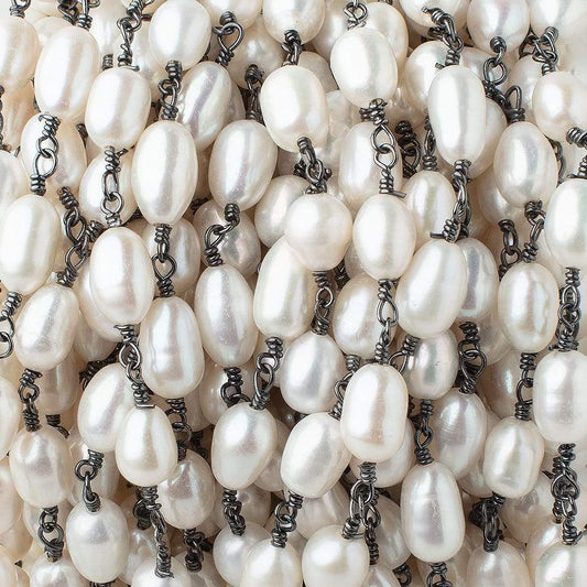 8x6-11x6mm White Oval Pearls on Black Gold .925 Chain by the Foot 18 pieces